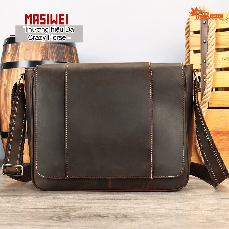 Túi Đeo Chéo Nam Da Bò Vintage Đựng Laptop 13 Inch Màu Nâu