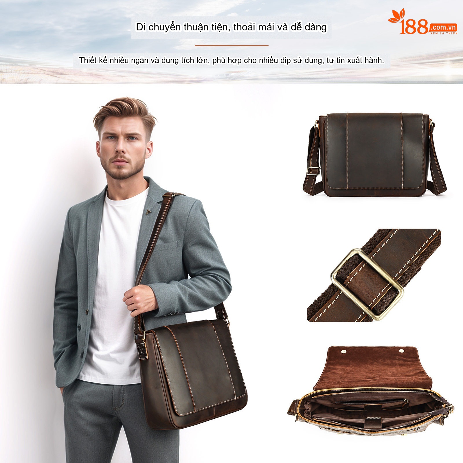 Túi Đeo Chéo Nam Da Bò Vintage Đựng Laptop 13 Inch Màu Nâu