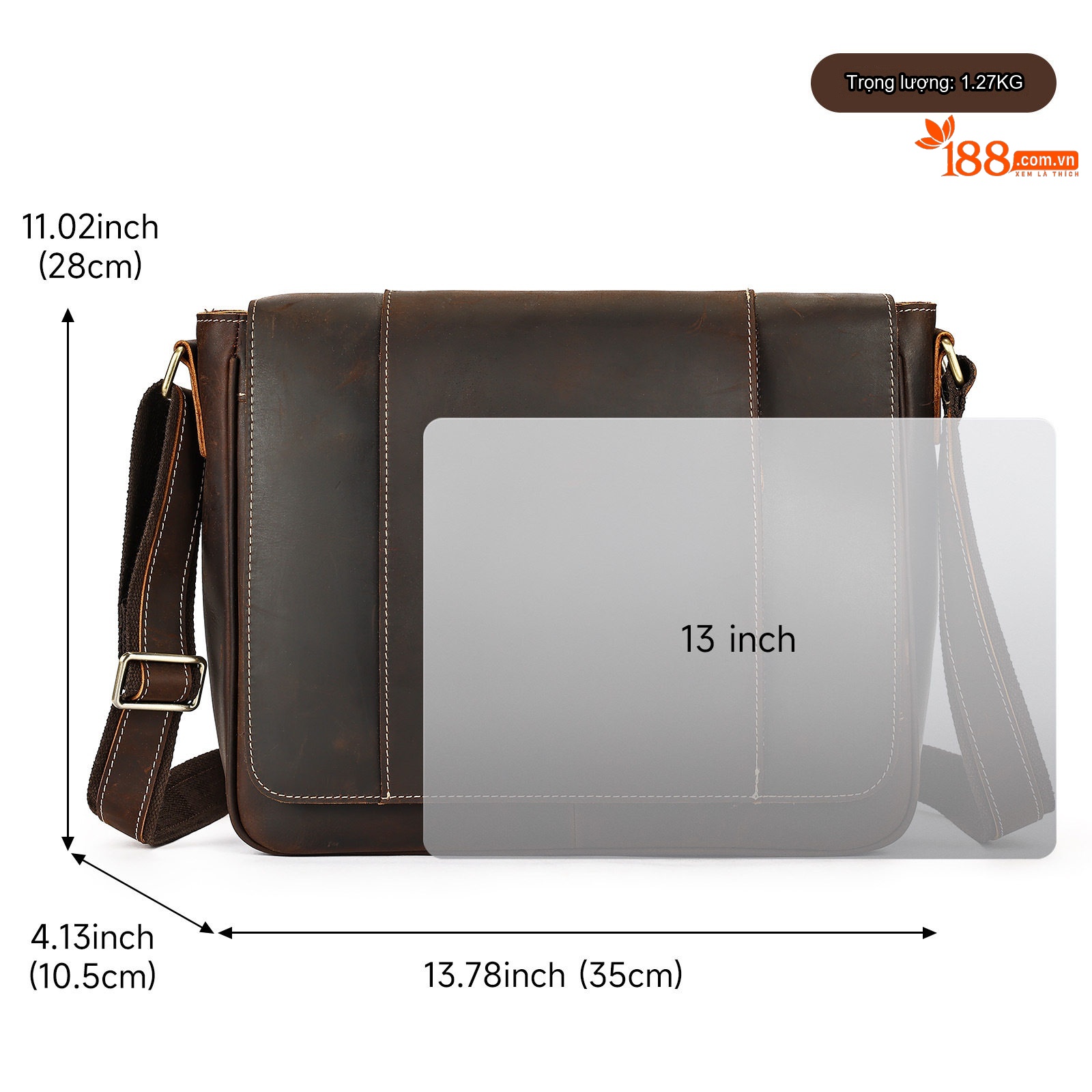 Túi Đeo Chéo Nam Da Bò Vintage Đựng Laptop 13 Inch Màu Nâu