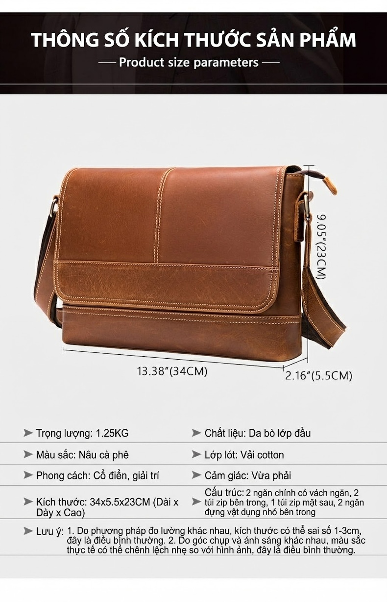 Túi Đeo Chéo Nam Da Bò Vintage Dung Tích Lớn Màu Nâu chi tiết 12