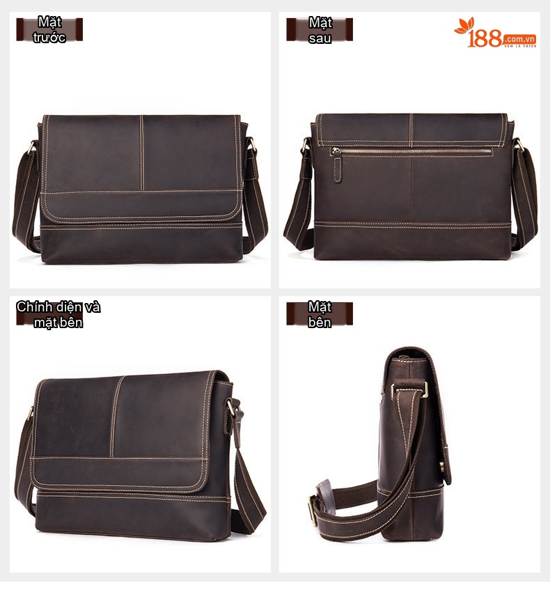 Túi Đeo Chéo Nam Da Bò Vintage Dung Tích Lớn Màu Nâu chi tiết 3