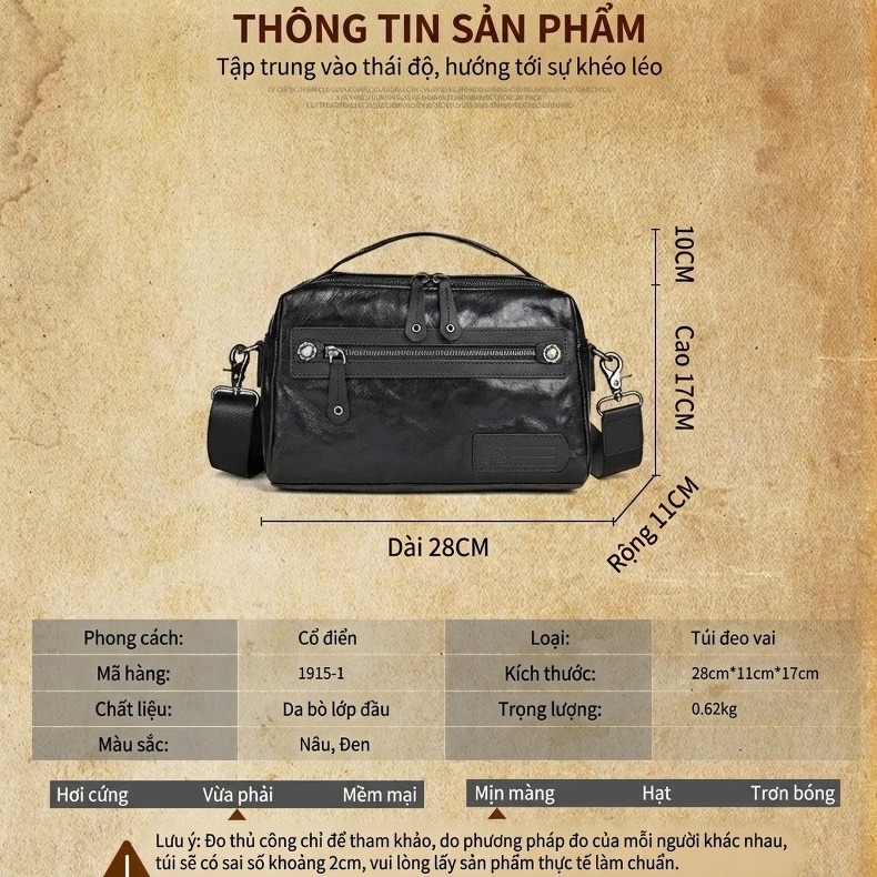 Túi Đeo Chéo Nam Da Bò Vintage Retro Màu Đen, Nâu