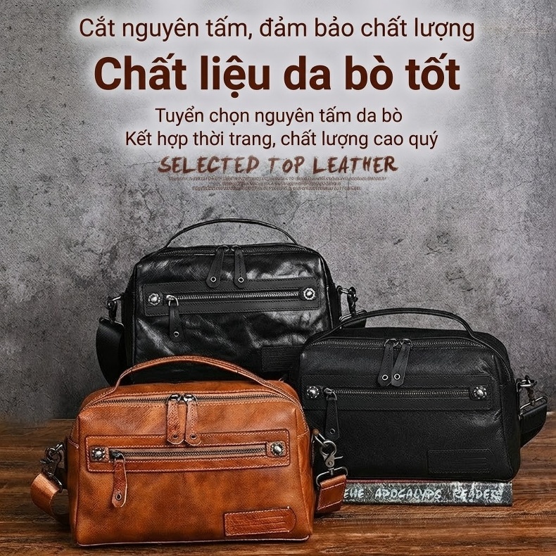 Túi Đeo Chéo Nam Da Bò Vintage Retro Màu Đen, Nâu