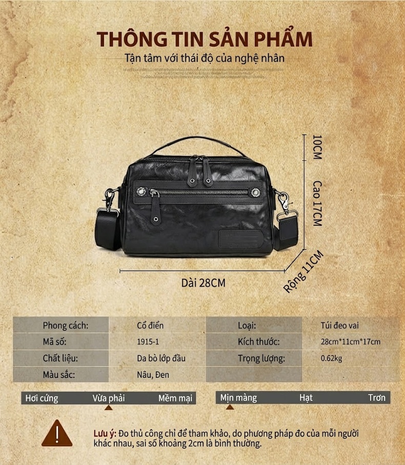 Túi Đeo Chéo Nam Da Bò Vintage Retro Màu Đen, Nâu chi tiết 6