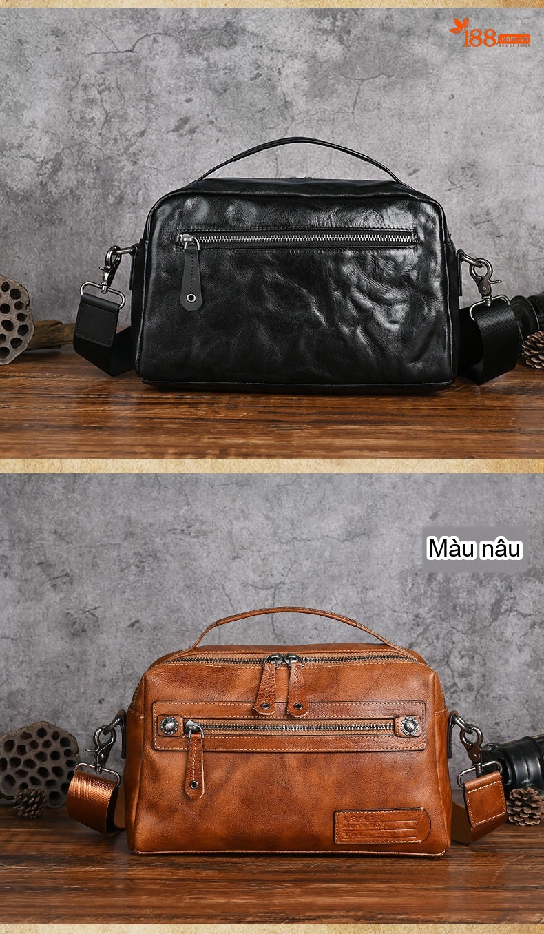 Túi Đeo Chéo Nam Da Bò Vintage Retro Màu Đen, Nâu chi tiết 7