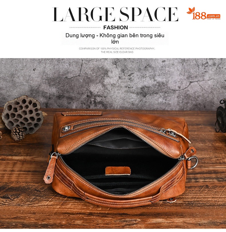 Túi Đeo Chéo Nam Da Bò Vintage Retro Màu Đen, Nâu chi tiết 14