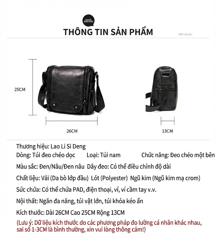 Túi Đeo Chéo Nam Da Bò Vintage Thời Trang Màu Nâu, Đen chi tiết 18