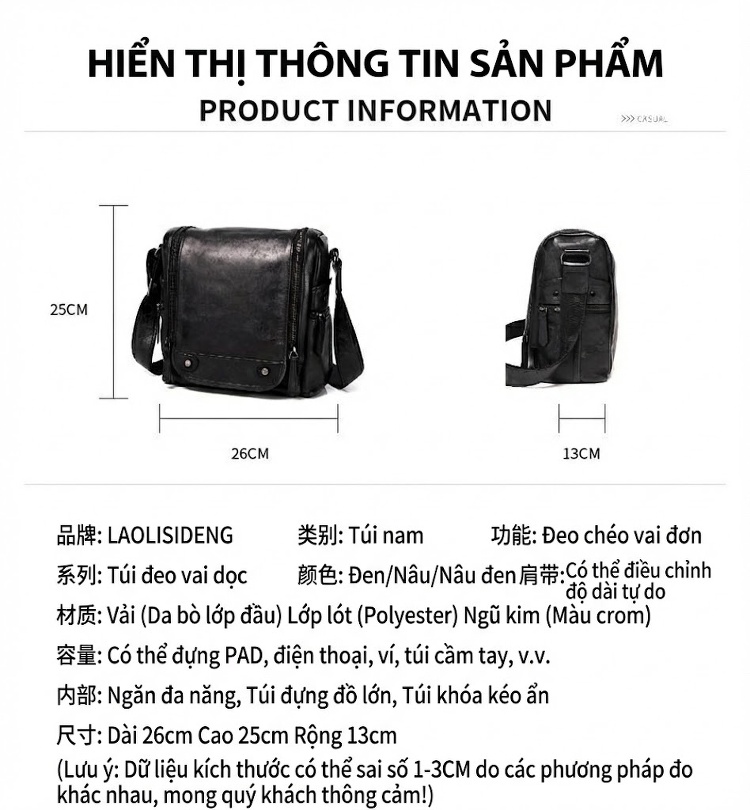 Túi Đeo Chéo Nam Da Bò Vintage Thời Trang Màu Nâu, Đen chi tiết 19
