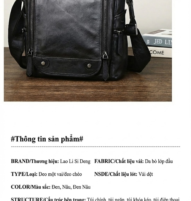 Túi Đeo Chéo Nam Da Bò Vintage Thời Trang Màu Nâu, Đen chi tiết 5