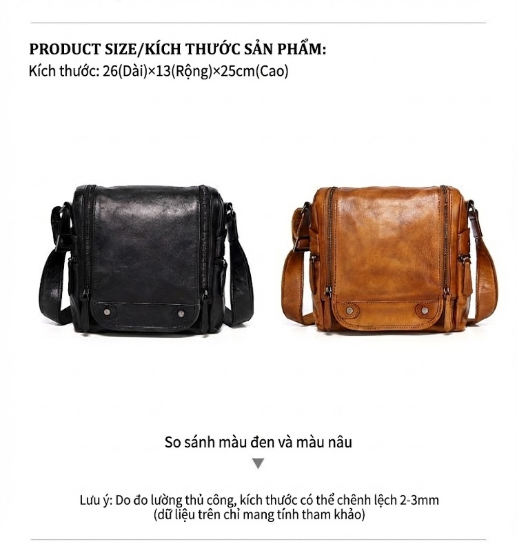 Túi Đeo Chéo Nam Da Bò Vintage Thời Trang Màu Nâu, Đen chi tiết 6