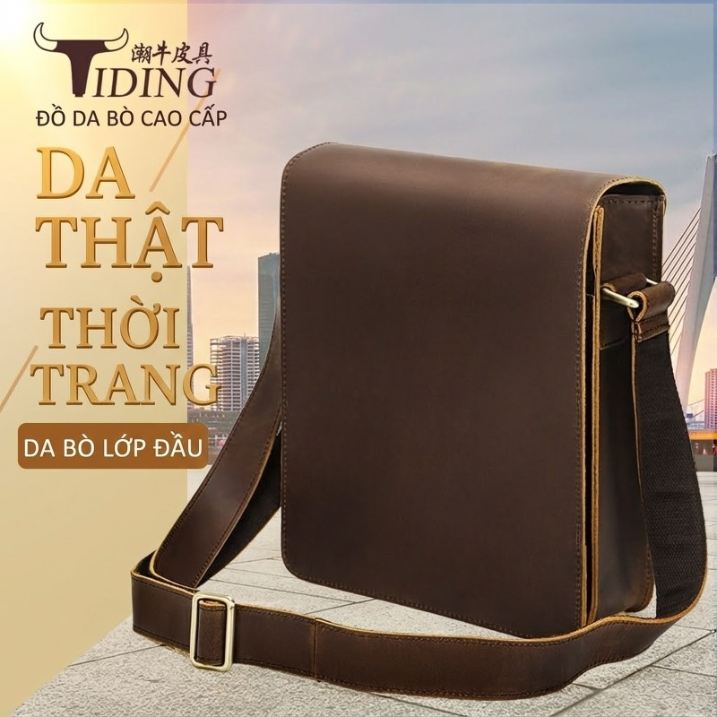 Túi Đeo Chéo Nam Da Bò Vintage Thời Trang, Túi Đựng Ipad, Túi Đeo Vai Thường Ngày, Túi Da Bò Lớn Màu Nâu