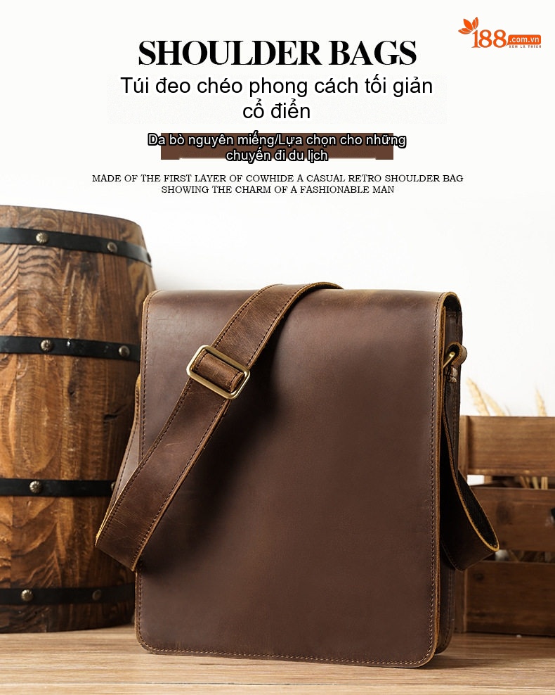 Túi Đeo Chéo Nam Da Bò Vintage Thời Trang, Túi Đựng Ipad, Túi Đeo Vai Thường Ngày, Túi Da Bò Lớn Màu Nâu chi tiết 2