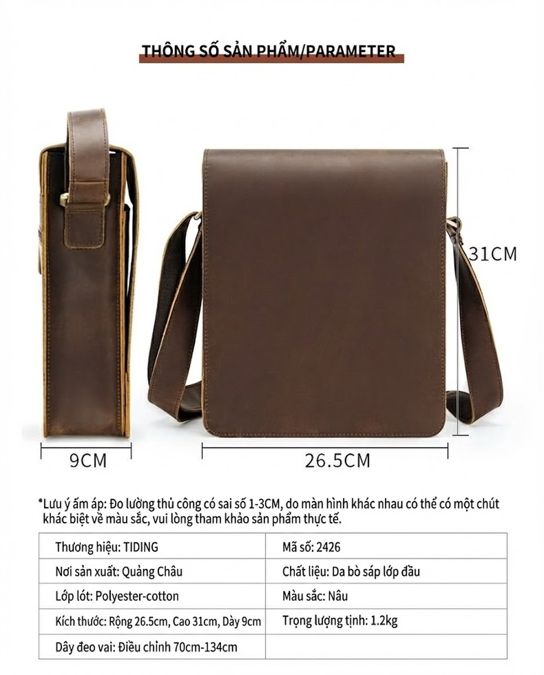 Túi Đeo Chéo Nam Da Bò Vintage Thời Trang, Túi Đựng Ipad, Túi Đeo Vai Thường Ngày, Túi Da Bò Lớn Màu Nâu chi tiết 4