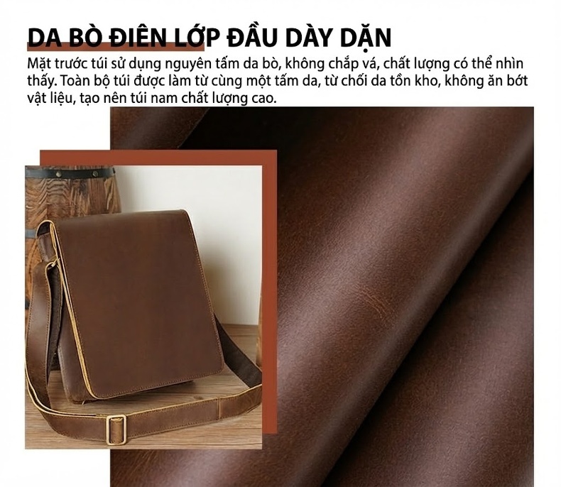 Túi Đeo Chéo Nam Da Bò Vintage Thời Trang, Túi Đựng Ipad, Túi Đeo Vai Thường Ngày, Túi Da Bò Lớn Màu Nâu chi tiết 6