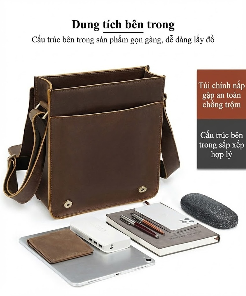 Túi Đeo Chéo Nam Da Bò Vintage Thời Trang, Túi Đựng Ipad, Túi Đeo Vai Thường Ngày, Túi Da Bò Lớn Màu Nâu chi tiết 7