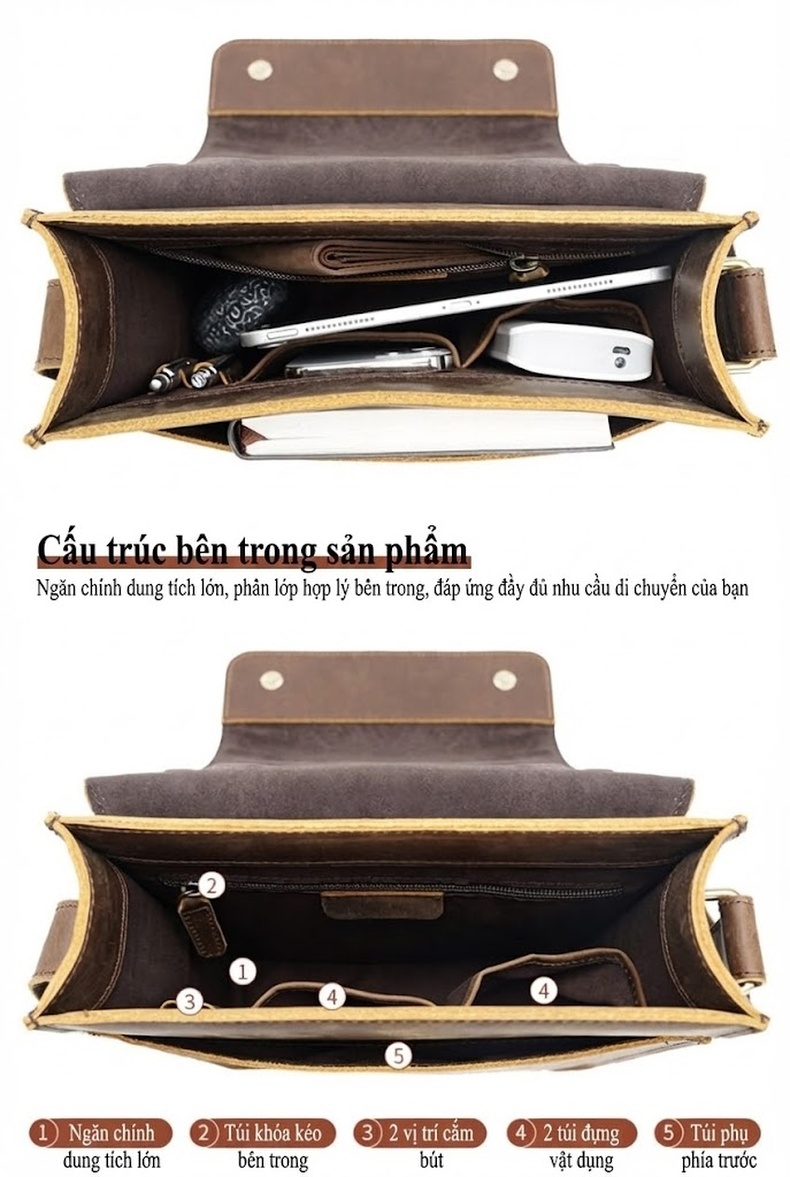 Túi Đeo Chéo Nam Da Bò Vintage Thời Trang, Túi Đựng Ipad, Túi Đeo Vai Thường Ngày, Túi Da Bò Lớn Màu Nâu chi tiết 8