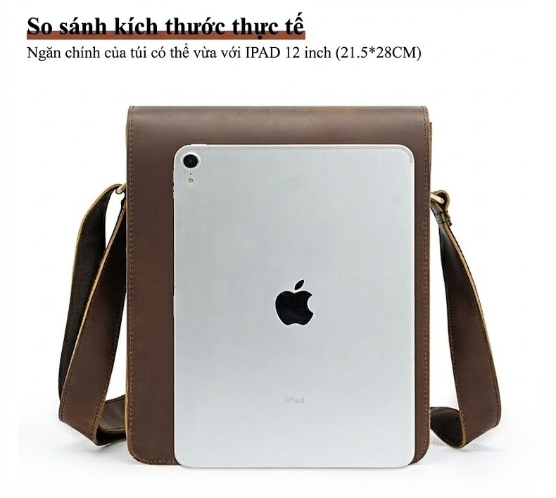 Túi Đeo Chéo Nam Da Bò Vintage Thời Trang, Túi Đựng Ipad, Túi Đeo Vai Thường Ngày, Túi Da Bò Lớn Màu Nâu chi tiết 9