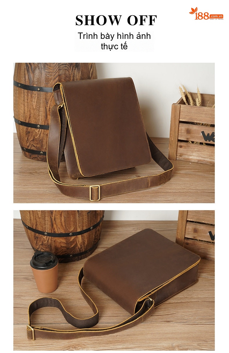 Túi Đeo Chéo Nam Da Bò Vintage Thời Trang, Túi Đựng Ipad, Túi Đeo Vai Thường Ngày, Túi Da Bò Lớn Màu Nâu chi tiết 13