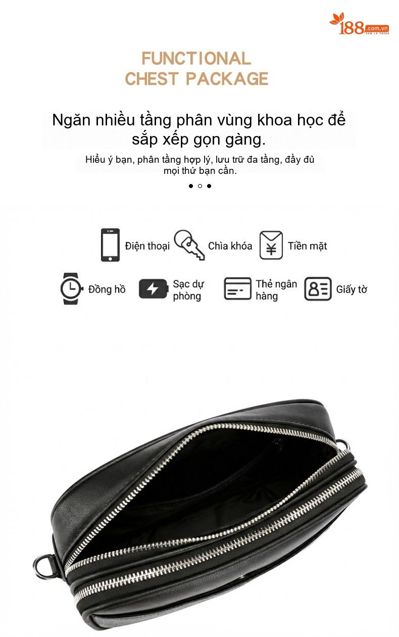 Túi Đeo Chéo Nam Da Mờ Nhiều Ngăn Khóa Kéo Đôi Đa Năng Màu Đen, Nâu chi tiết 8