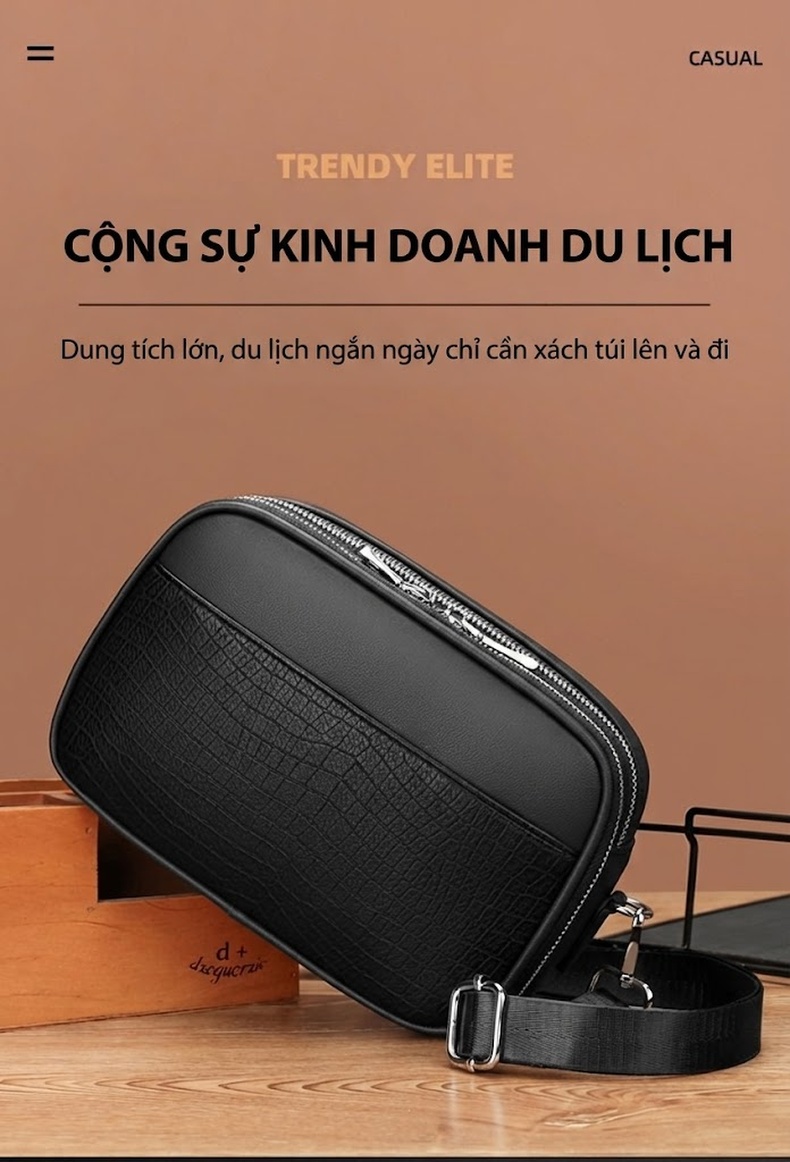 Túi Đeo Chéo Nam Da Mờ Nhiều Ngăn Khóa Kéo Đôi Đa Năng Màu Đen, Nâu chi tiết 1