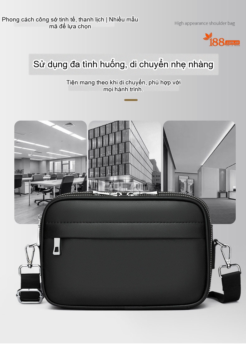 Túi Đeo Chéo Nam Đa Năng Nhiều Ngăn Da Bóng Cỡ Lớn Màu Đen chi tiết 7