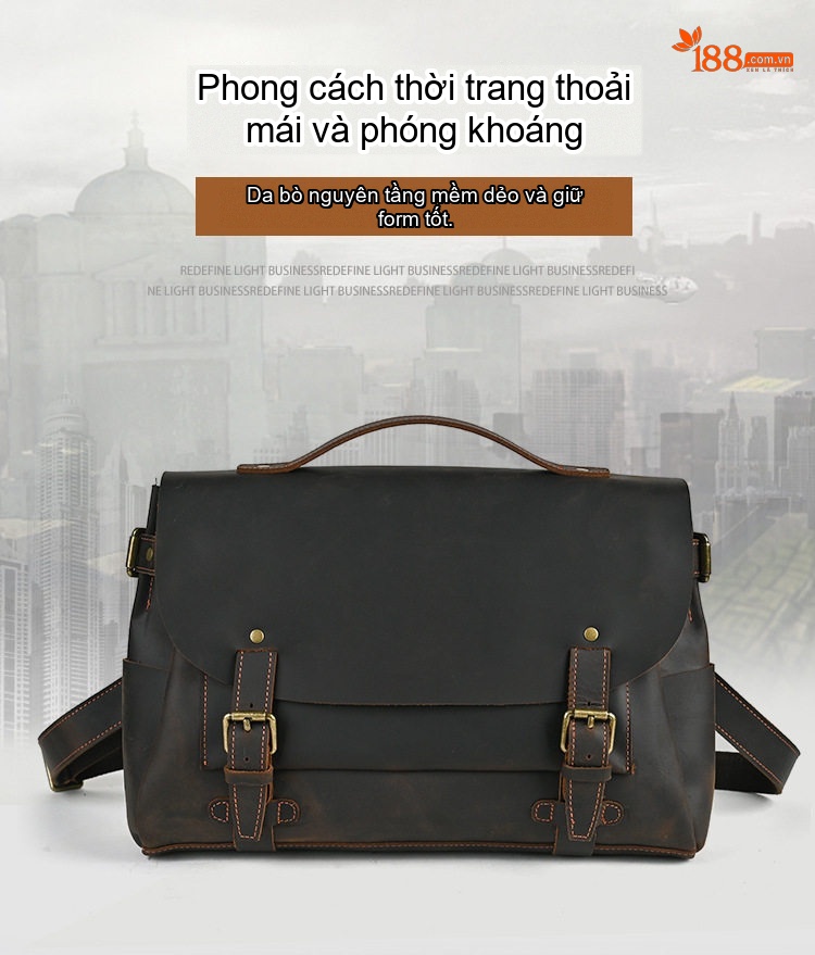 Túi Đeo Chéo Nam Da Ngựa Điên Đựng Tài Liệu Công Sở Cỡ Lớn Màu Nâu Đen chi tiết 1