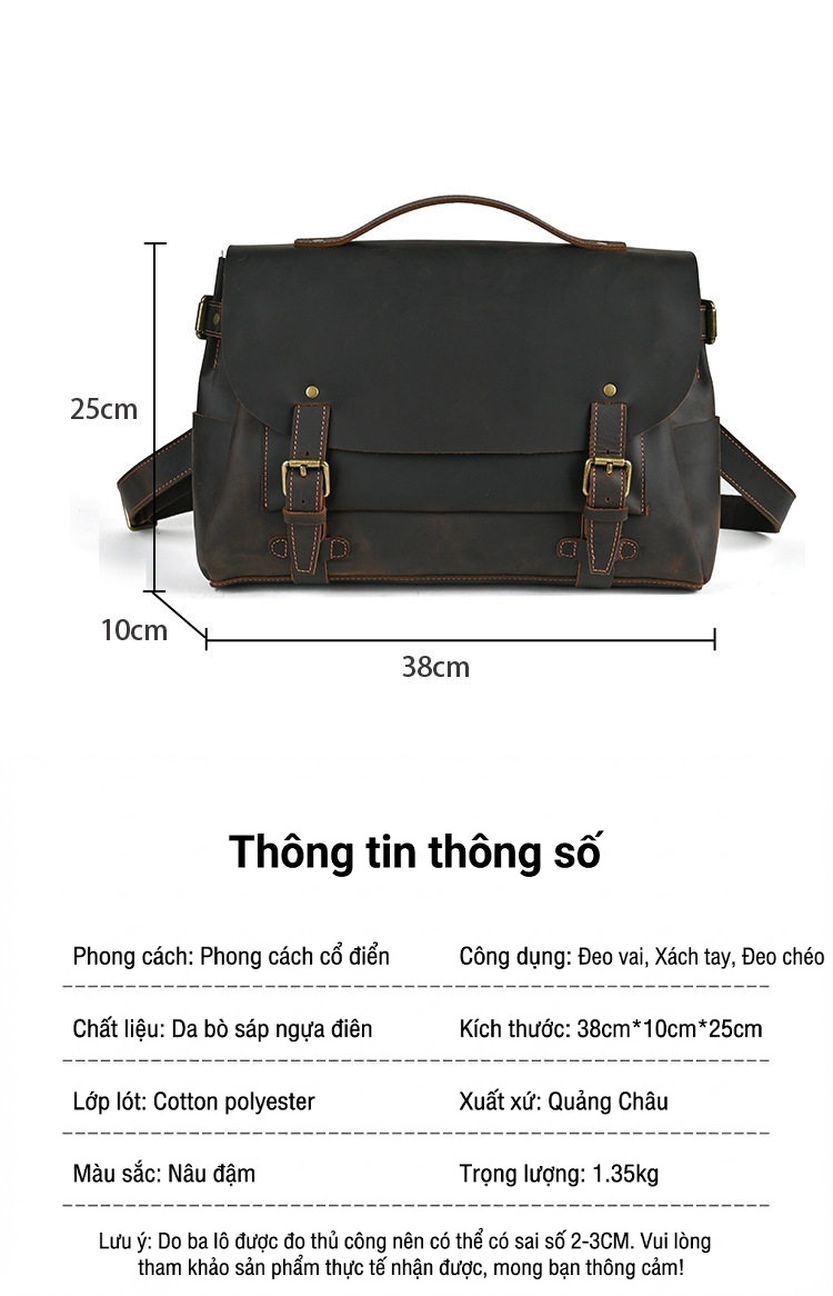 Túi Đeo Chéo Nam Da Ngựa Điên Đựng Tài Liệu Công Sở Cỡ Lớn Màu Nâu Đen chi tiết 3