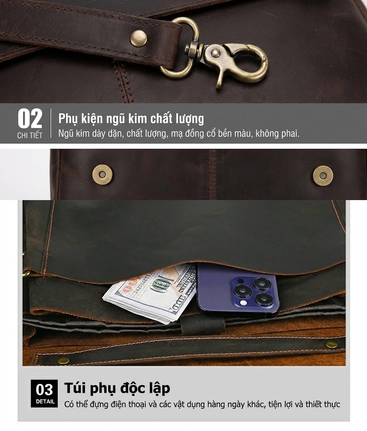 Túi Đeo Chéo Nam Da Ngựa Điên Đựng Tài Liệu Công Sở Cỡ Lớn Màu Nâu Đen chi tiết 10