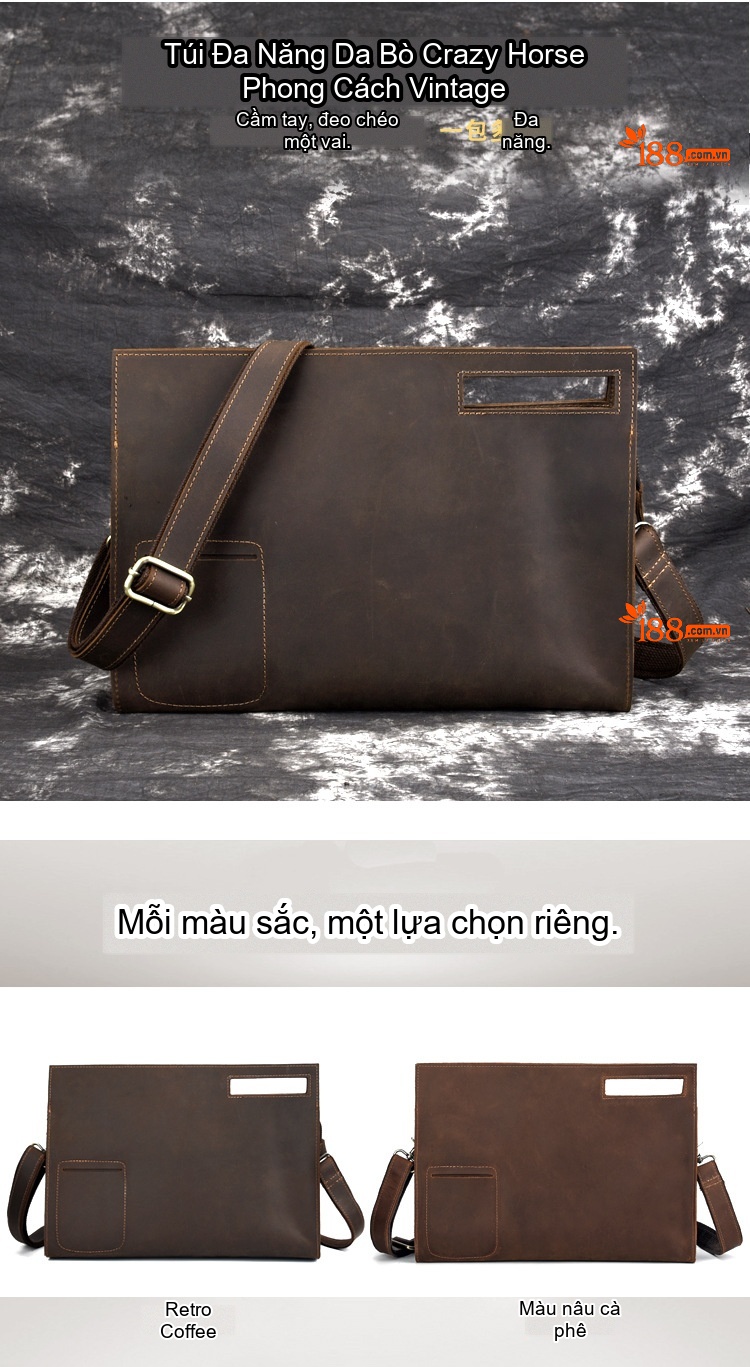 Túi Đeo Chéo Nam Da Thật Crazy Horse Cầm Tay Retro Màu Nâu chi tiết 1