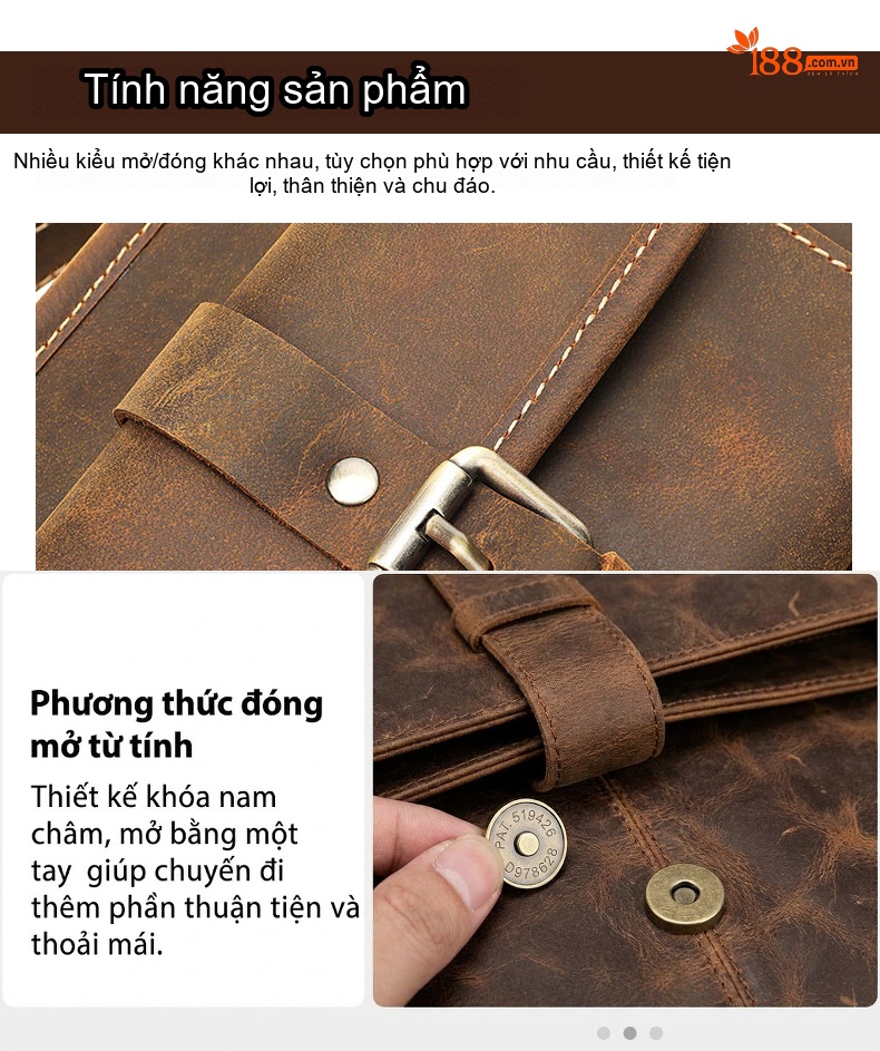 Túi Đeo Chéo Nam Da Thật Da Bò Lớp Đầu Tiên Sức Chứa Lớn Màu Nâu Đậm, Nâu Vàng chi tiết 8