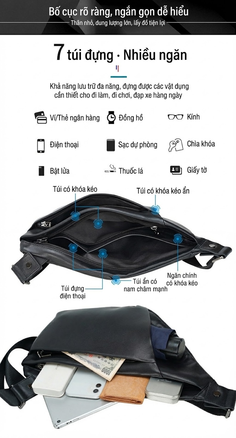 Túi Đeo Chéo Nam Da Thật Đa Năng Đựng iPad Phong Cách Thể Thao Đường Phố chi tiết 8
