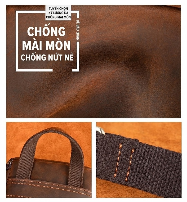 Túi Đeo Chéo Nam Da Thật Dáng Đứng Dung Tích Lớn Da Mộc Màu Nâu chi tiết 8