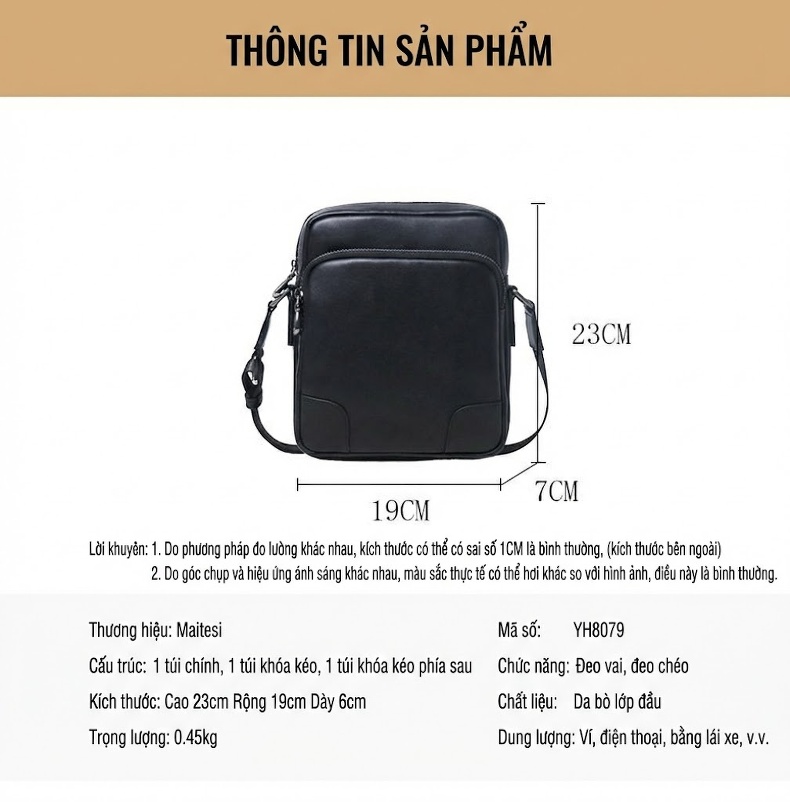 Túi Đeo Chéo Nam Da Thật Dáng Đứng Phong Cách Doanh Nhân Màu Đen chi tiết 10