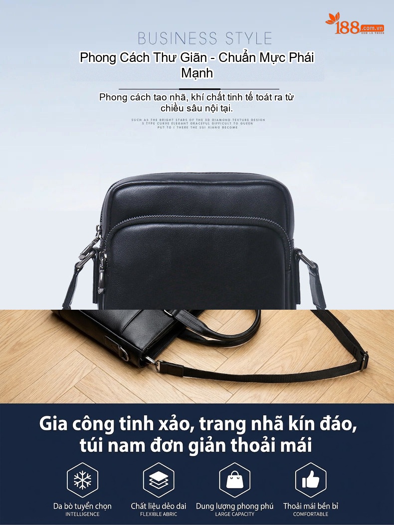 Túi Đeo Chéo Nam Da Thật Dáng Đứng Phong Cách Doanh Nhân Màu Đen chi tiết 1