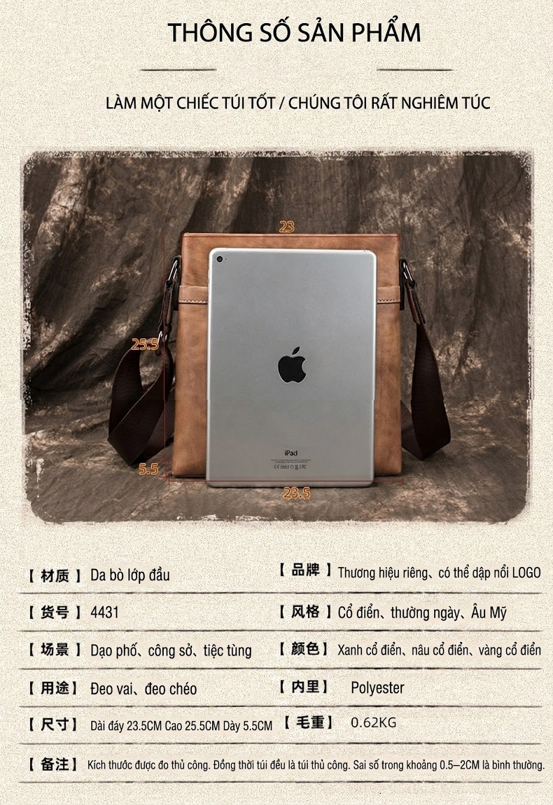 Túi Đeo Chéo Nam Da Thật Dáng Đứng Retro Túi Đeo Vai Nam Phong Cách Doanh Nhân Màu Nâu, Xanh Đen chi tiết 4