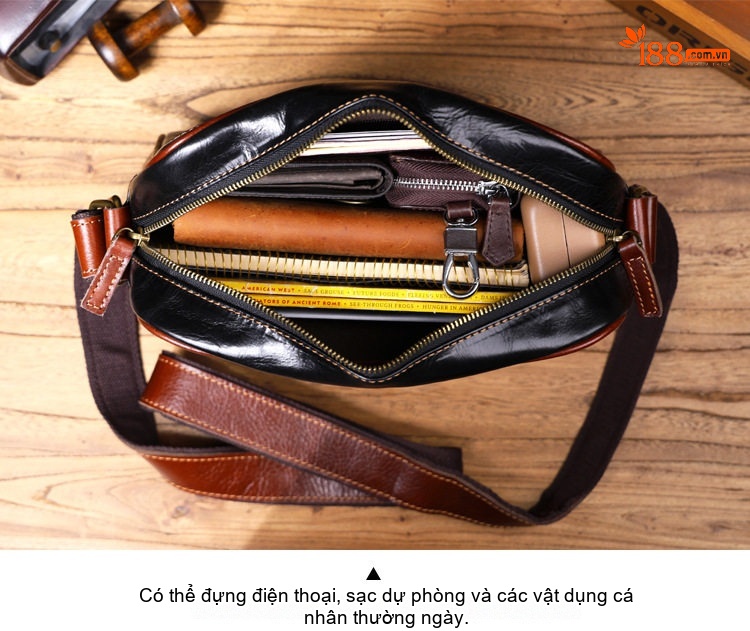 Túi Đeo Chéo Nam Da Thật Đầu Bò, Túi Đựng Điện Thoại, Túi Du Lịch Màu Đen, Nâu chi tiết 11