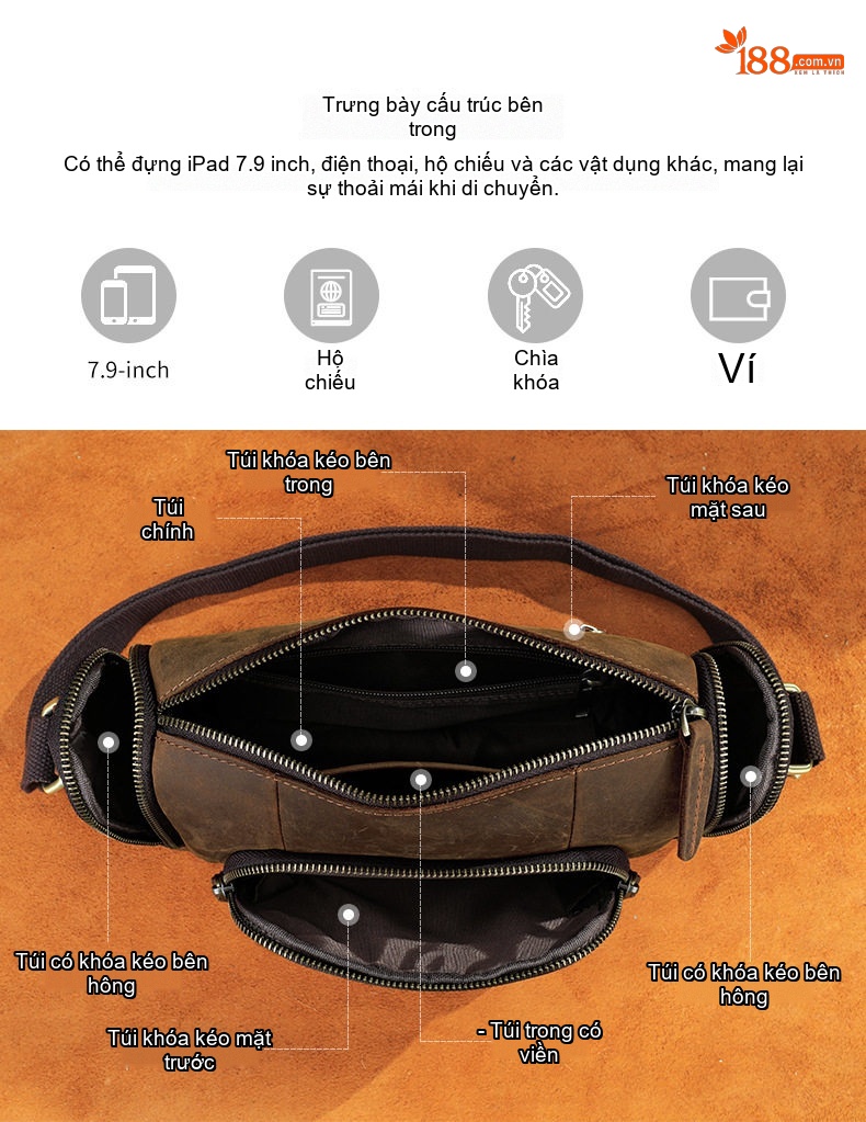 Túi Đeo Chéo Nam Da Thật Dầu Sáp Lộn Phong Cách Thời Trang, Đựng Vừa Ipad 7.9inch Màu Nâu chi tiết 14