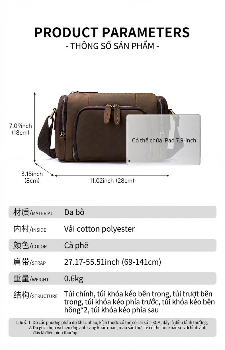 Túi Đeo Chéo Nam Da Thật Dầu Sáp Lộn Phong Cách Thời Trang, Đựng Vừa Ipad 7.9inch Màu Nâu chi tiết 9