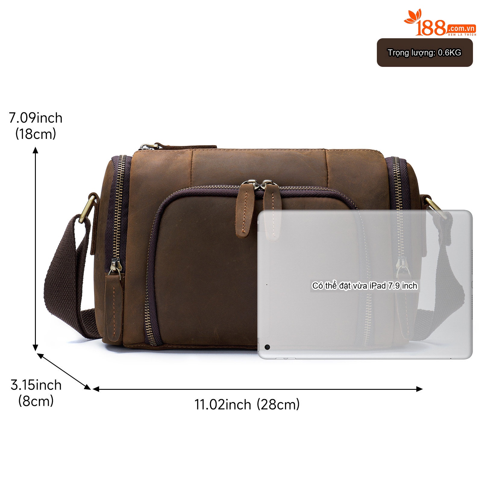 Túi Đeo Chéo Nam Da Thật Dầu Sáp Lộn Phong Cách Thời Trang, Đựng Vừa Ipad 7.9inch Màu Nâu