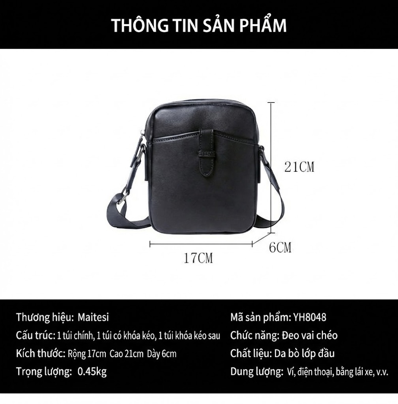 Túi Đeo Chéo Nam Da Thật Đơn Giản Phong Cách Hàn Quốc Màu Đen chi tiết 9