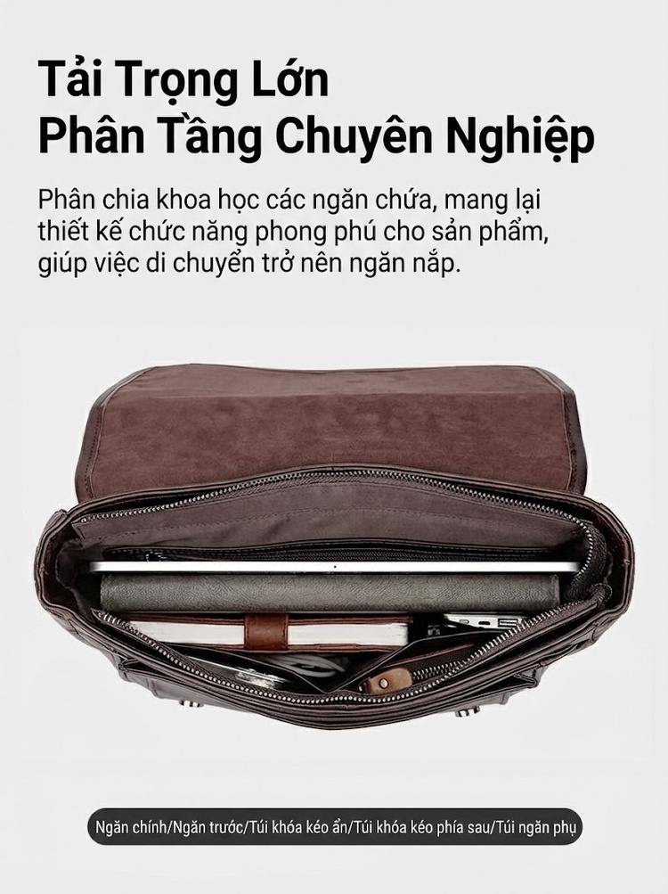 Túi Đeo Chéo Nam Da Thật Đựng Laptop Phong Cách Tối Giản Màu Nâu chi tiết 6