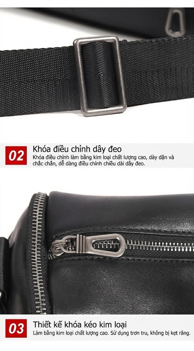 Túi Đeo Chéo Nam Da Thật Hình Trụ Công Sở Màu Đen chi tiết 19