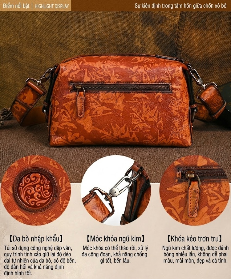 Túi Đeo Chéo Nam Da Thật Họa Tiết Vintage Cao Cấp Màu Nâu Đậm, Nâu Vàng chi tiết 4