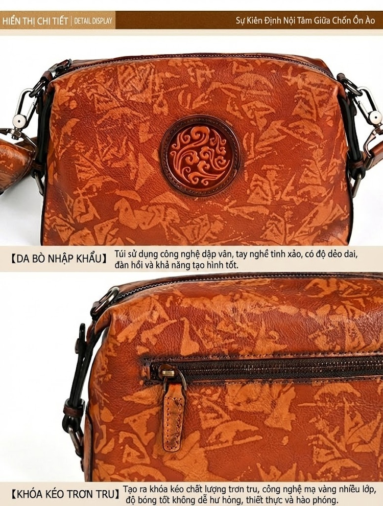 Túi Đeo Chéo Nam Da Thật Họa Tiết Vintage Cao Cấp Màu Nâu Đậm, Nâu Vàng chi tiết 10