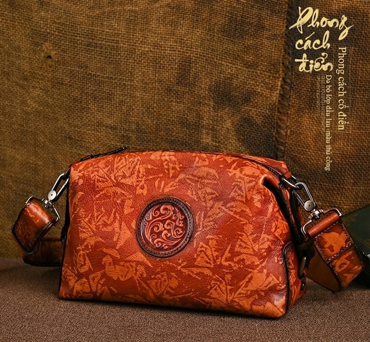 Túi Đeo Chéo Nam Da Thật Họa Tiết Vintage Cao Cấp Màu Nâu Đậm, Nâu Vàng chi tiết 1