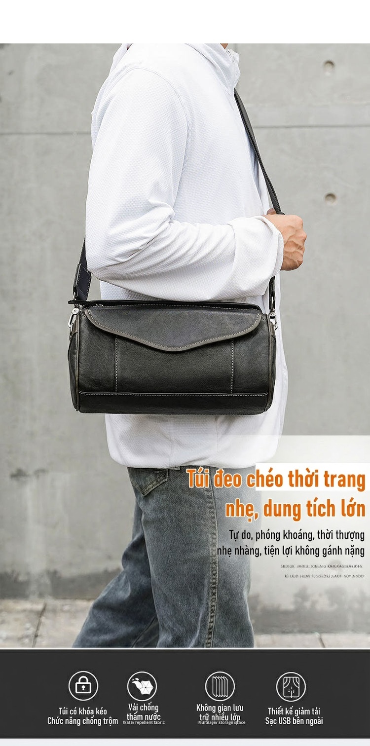 Túi Đeo Chéo Nam Da Thật Kiểu Dáng Retro Màu Đen chi tiết 3