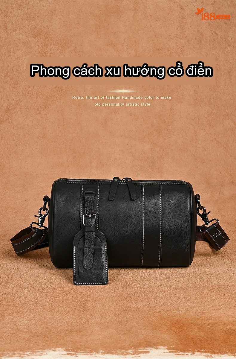 Túi Đeo Chéo Nam Da Thật Kiểu Dáng Trống, Túi Đeo Vai Mini Màu Đen chi tiết 1