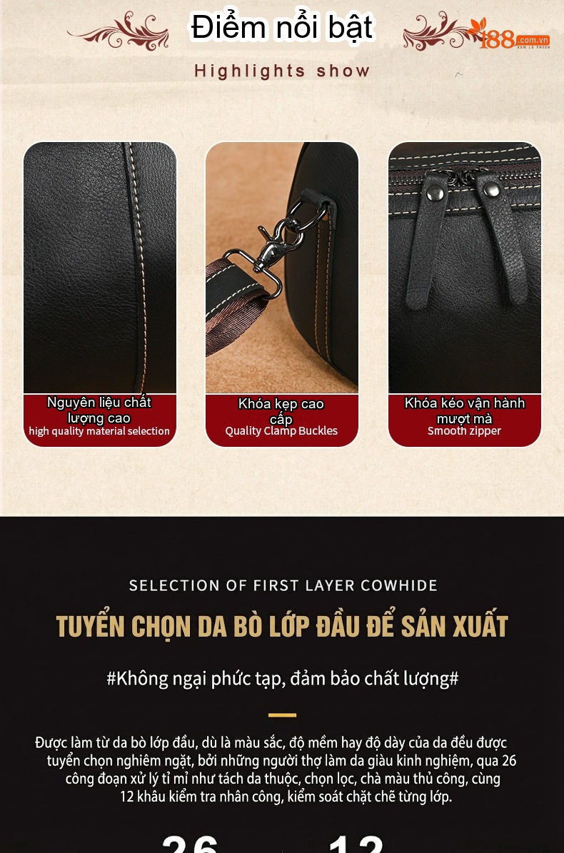 Túi Đeo Chéo Nam Da Thật Kiểu Dáng Trống, Túi Đeo Vai Mini Màu Đen chi tiết 3