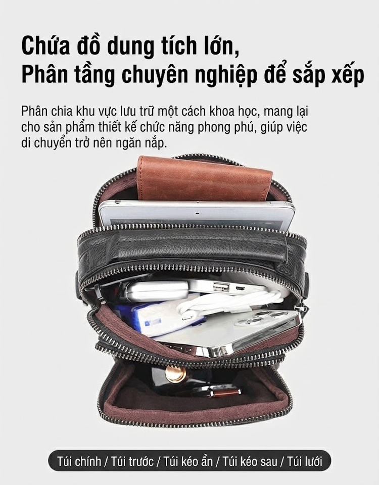 Túi Đeo Chéo Nam Da Thật Kiểu Dáng Vuông Lớn Tiện Lợi Màu Đen chi tiết 9