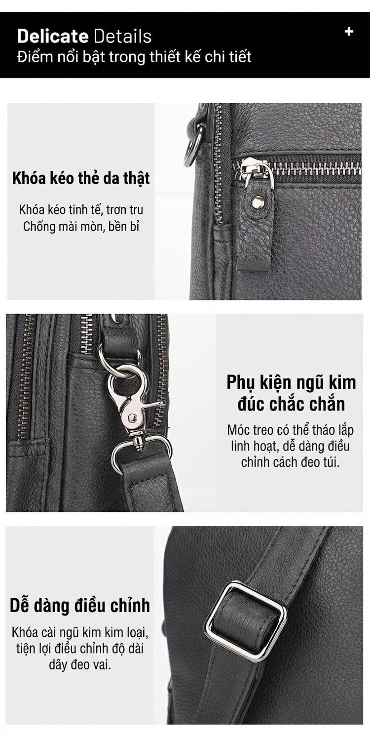 Túi Đeo Chéo Nam Da Thật Kiểu Dáng Vuông Lớn Tiện Lợi Màu Đen chi tiết 6
